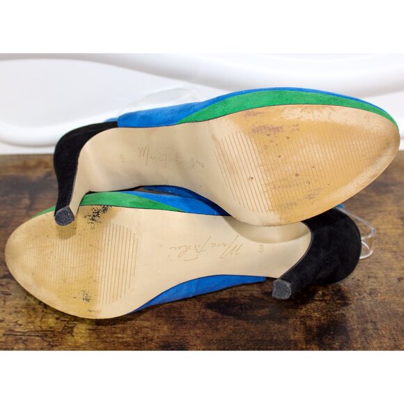 MARC FISHER Denise 6 Blue Green Suede Heels Color Block Pumps Platform Slingback - Picture 6 of 8